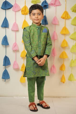 TINY COLOUR Block Print Nehru Jacket Kurta Set 