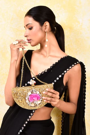 House Of Webhin Embellished Half-Moon Mop Clutch With Sling Chain 