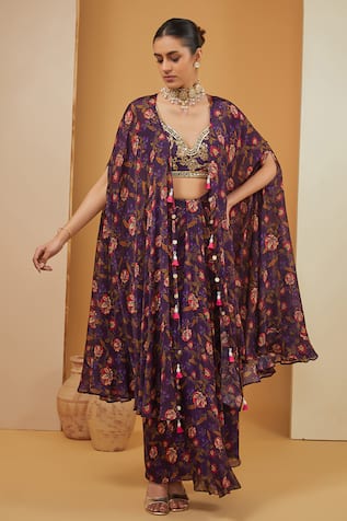 Neha Khullar Floral Bloom Print Cape Draped Skirt Set 