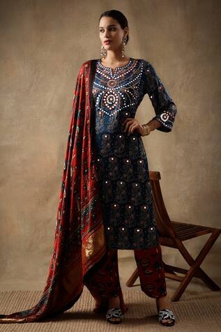 Sheeshakari Silk Floral Blossom Handblock Print Kurta Pant Set 