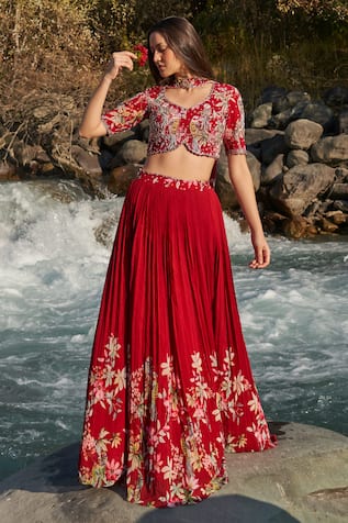 Nea by Nikita Tiwari Guldasta Hand Embroidery Maroon Blouse Lehenga Set 