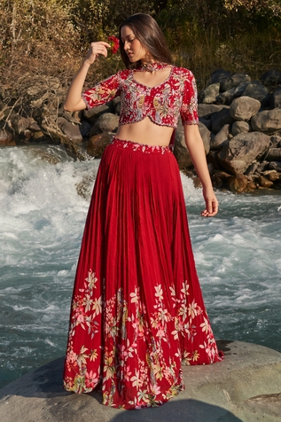 Nea by Nikita Tiwari Guldasta Hand Embroidery Maroon Blouse Lehenga Set