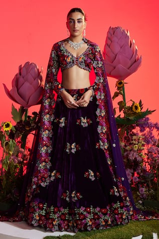 Nea by Nikita Tiwari Velvet Floral Bird Motif Embroidered Lehenga Set 