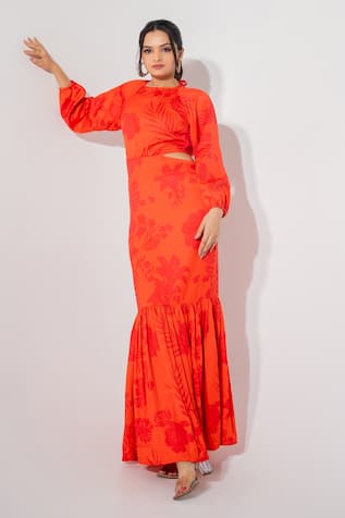 Saangi Blossom Print Side Cut Out Maxi Dress 