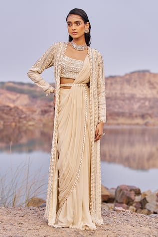 Nidhika Shekhar Jalsaa E Gul Bahar Embroidered Pre-Draped Saree Set With Cape 