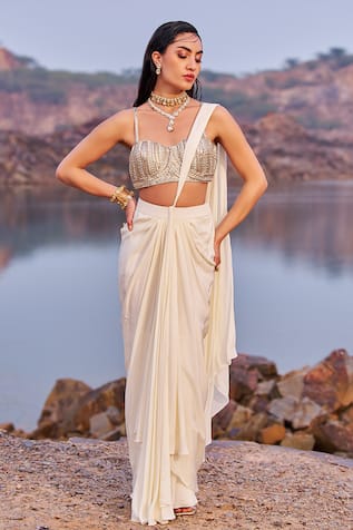 Nidhika Shekhar Sunehri Subh Embroidered Pre-Draped Saree With Blouse 