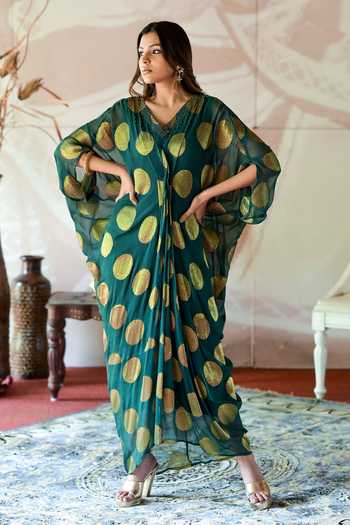 Farha Syed Polka Dot Woven Kaftan Dress 