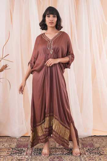 Farha Syed Mirror Placement Embroidered Kaftan Dress 
