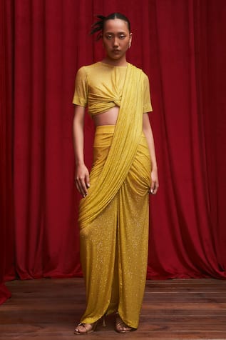 Itrh Citrine Radiance Embellished Pre-Draped Skirt Saree Set 