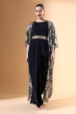 Aakaar x AZA Floral Pattern Textured Cape Dress Set 