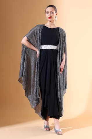 Aakaar x AZA Textured Cape Draped Dress Set 