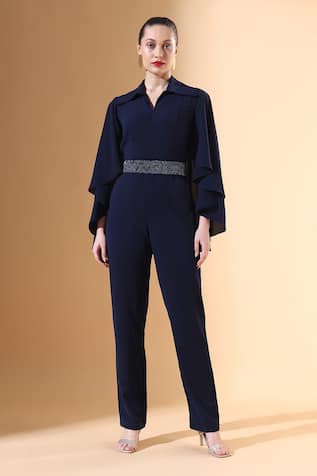 Aakaar x AZA Solid Cape Jumpsuit With Embellished Belt 