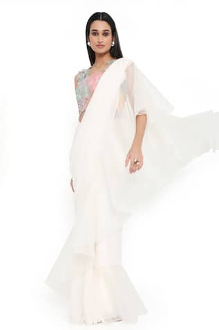 Payal Singhal Plain Pre-Draped Saree With Floral Applique Work Blouse 