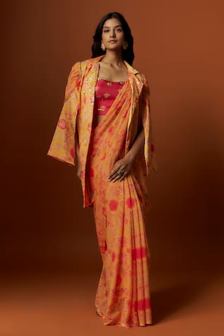 Meghna shah Floral Print Saree With Embroidered Draped Jacket 