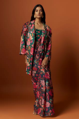 Meghna shah Floral Vine Print Saree With Draped Embroidered Jacket 