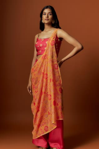 Meghna shah Embroidered Saree With Printed Draped Dupatta 