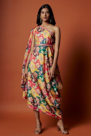 Meghna shah Floral Print One-Shoulder Dress With Belt 