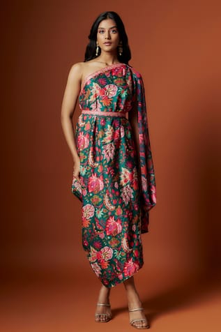 Meghna shah Floral Print Embroidered One-Shoulder Dress With Belt 