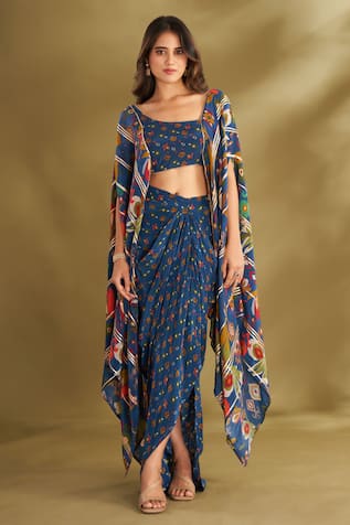 AFFROZ Floral Print Cape Blouse & Draped Skirt Set 