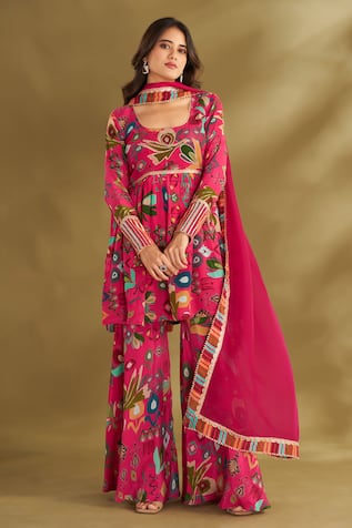 AFFROZ Ikat Floral Print Short Anarkali Sharara Set 