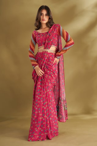 AFFROZ Printed Pre-Draped Saree With Blouse 