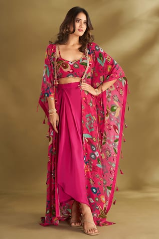 AFFROZ Ikat Floral Print Cape Draped Skirt Set 