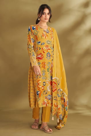 AFFROZ Floral & Ikat Print A-Line Kurta Set 