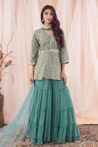 Farha Syed Floral Pattern Peplum Top Sharara Set 