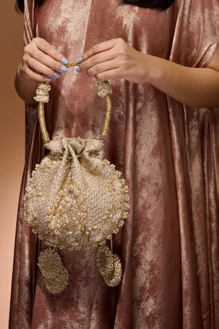 Ozel Ruhani Pearl Meadow Embellished Potli Bag 