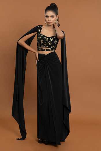 Aurouss Abstract Bead Embellished Top With Draped Skirt 