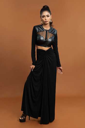 Aurouss Plain Sheer Panel Top With Draped Skirt 