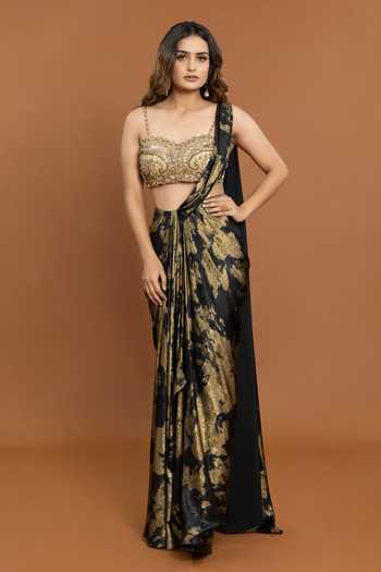 Aurouss Foil Print Pre-Draped Saree With Sequin Embellished Blouse 