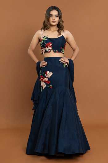 Aurouss Navy Blue Thread Applique Mermaid Lehenga Set 