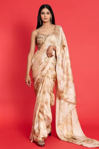 Pre-Draped Mug Dye Print Saree With Blouse 