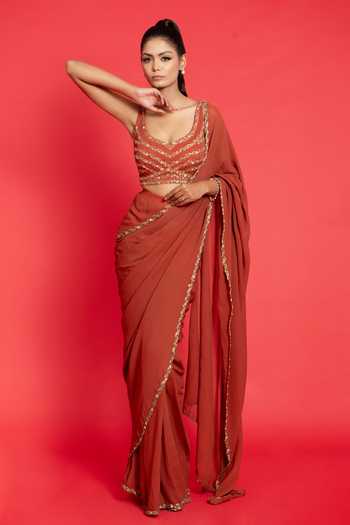 Aurouss Pre-Draped Saree With Sequin Work Blouse 