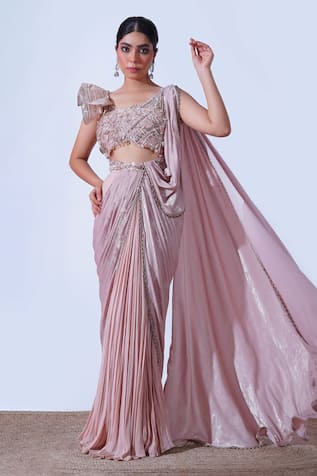 Aurouss Vanya Ivy Crystal Bloom Embellished Draped Saree Gown 