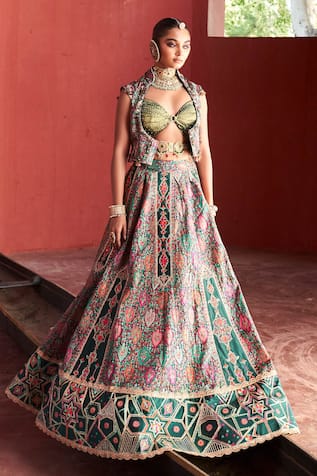 Aditi Gupta Jamawar Geometric Pattern Embroidered Lehenga Set 