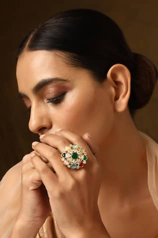 SWABHIMANN Navratna Kundan Embellished Ring 