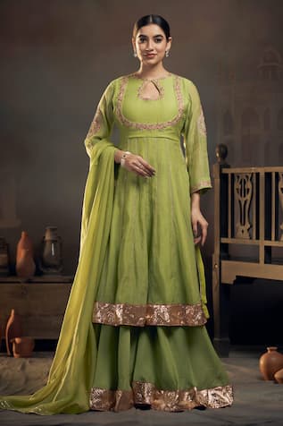Floral Embroidered Chanderi Kali Kurta Sharara Set 