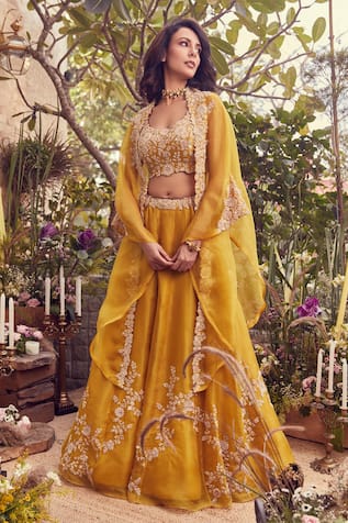 Prisho Phool Bahar Thread Embroidered Cape Lehenga Set 