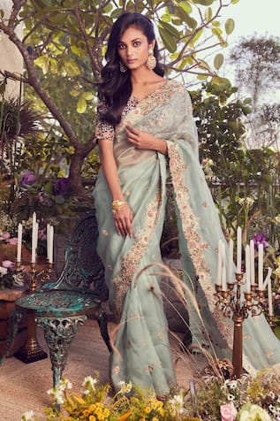 Prisho Phool Buta Zardozi Embroidered Organza Saree With Blouse 