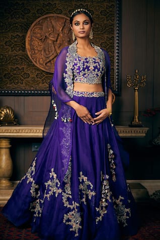 Prisho Floret Thread Embroidered Cape Lehenga Set 