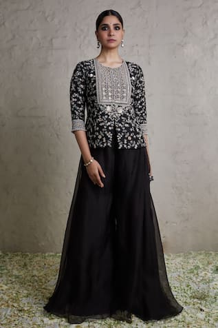 Prisho Floral Embroidered Peplum Jacket & Sharara Set 