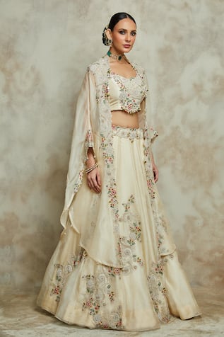 Prisho Zardozi Floral Vine Embroidered Cape Lehenga Set 