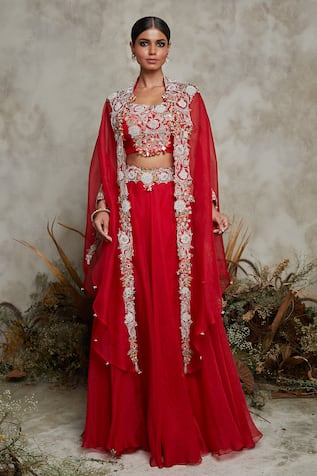 Prisho Floral Vine Zardozi Embroidered Cape Lehenga Set 