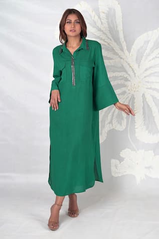 Seesa Mira Placket Embroidered Long Dress 