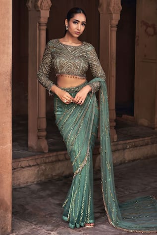 DiyaRajvvir Pre-Stitched Crystal Embroidered Saree With Blouse 