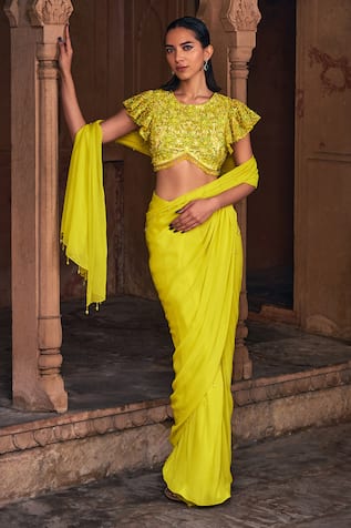 DiyaRajvvir Floral Jaal Embroidered Blouse With Pre-Draped Skirt Saree 