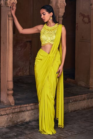 DiyaRajvvir Pre-Draped Skirt Saree With Crystal Work Blouse 