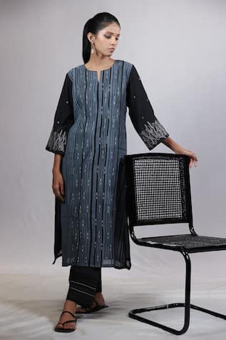 Beige Striped Hand Block Print Kurta With Pant 